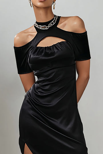Bodycon Satin Bodycon Little Black Dress with Slit